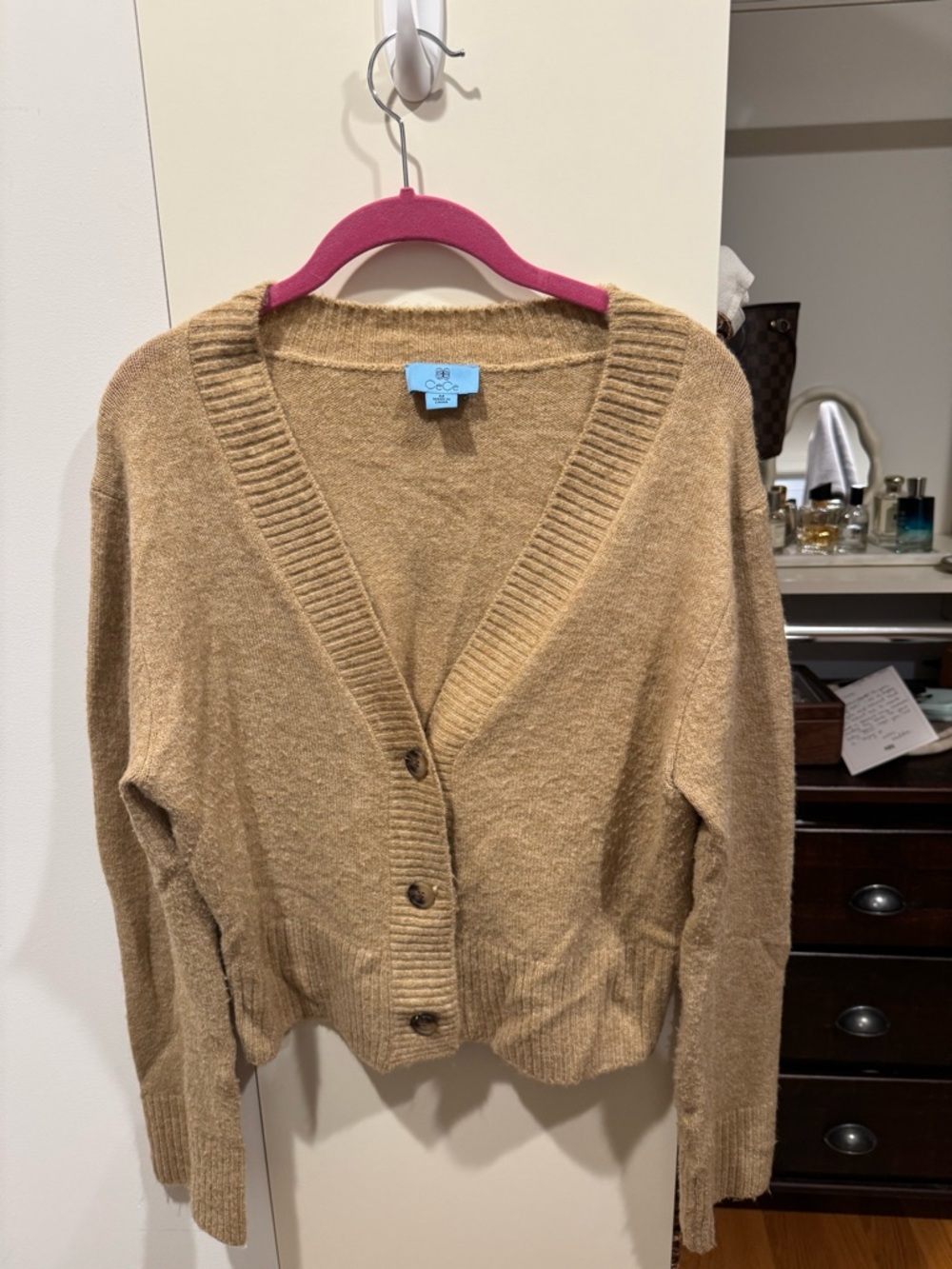 CeCe Cropped Button-Front Cardigan | Size Medium | Camel/Tan
